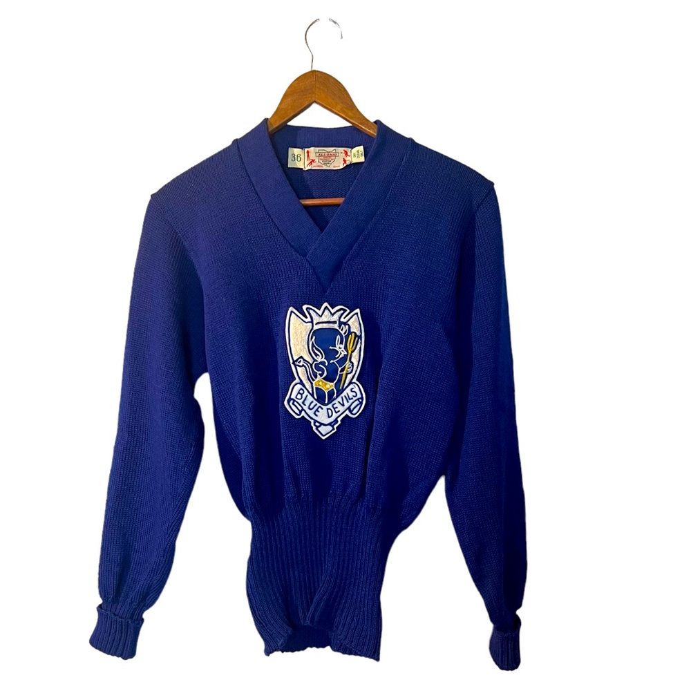 VINTAGE BLUE DEVILS V-NECK CHENILLE SWEATER-UNISEX